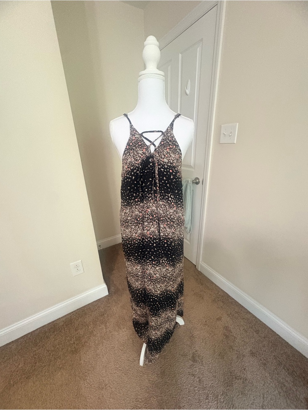 Women’s Black and Beige Patterned Maxi Dress with Strappy V-Neck